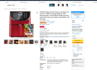 Freidora de Aire Cosori Roja 5,5L Air Fryer 1700W 13 Modos por solo 73,59€
