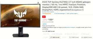 Asus TUF Gaming VG27WQ 27" Curved Gaming monitor voor €199 bij Amazon