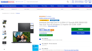 Notebook da Dell, modelo Inspiron 15 3000 com i3-1115G4 - R$ 2.564,05