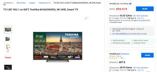 Televisión LED 65 pulgadas Toshiba 65UA3D63DG por 424,15€