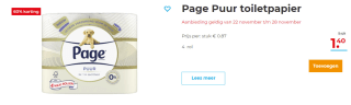 Page Toiletpapier Puur 3-laags 4 pack XL rollen voor €1,40 bij Hoogvliet