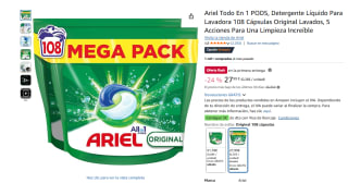 Ariel Todo En 1 PODS, Detergente Líquido Para Lavadora 108 Cápsulas por 27,99€