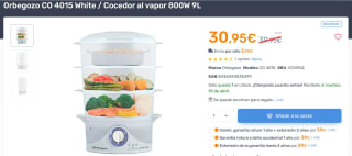 Orbegozo CO 4015 Blanco / Cocedor al vapor 800W 9L por 30,95€