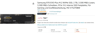 MZ-V7S2T0BW Samsung SSD 970 Evo Plus 2TB, M.2 PCIe voor €94,90 bij Amazon
