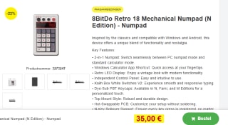 8Bitdo Retro 18 Mechanical Numpad N Edition voor €35 bij Proshop