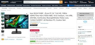 Moniteur PC Acer EK241YHBIF - Full HD, 100Hz HDMI/75Hz VGA à 76,95€