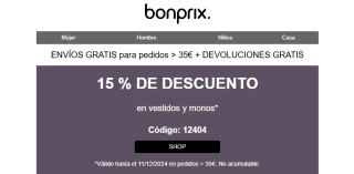 -15% descuento en vestidos y monos por compras +35€