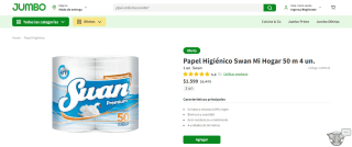 Papel higiénico Swan doble hoja de 50mt x 4 unidades por $1.599