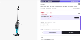 Conga Popstar 1000 DuoStick Easy Aspirador Vertical 2 en 1 con Cable, Tecnología Ciclónica, Sin Bolsas, Potencia máxima 800 W, Depósito 800 ml por 22.01€ (Cuenta Nueva 13.20€)