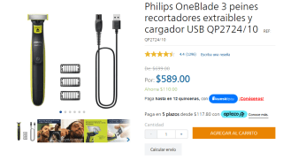 Afeitadora Philips OneBlade 3 peines por $589 en Philips