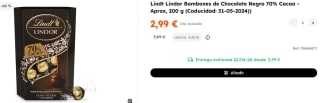 6 Paquetes de LINDT LINDOR Bombones de chocolate extra negro 70% estuche 200 g por 17.94€