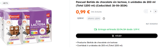 5 Packs de Pascual Batido de chocolate sin lactosa, 6 unidades de 200 ml por 4.95€