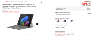 Convertible 2 en 1 Microsoft Surface Pro Copilot+ PC, 13", Snapdragon X Plus 45 TOPS, 16GB RAM, 512GB SSD + Gratis Microsoft 365 por 1.099€