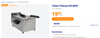 Tristar - Frituurpan - 3 Liter - 2000 Watt - RVS- PD8950 voor €19,95 bij de Action