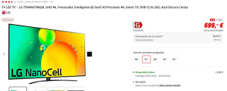 TV LED 75" LG 75NANO766QA, UHD 4K, Procesador Inteligente α5 Gen5 AI Processor 4K por 679€