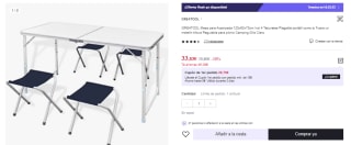 Mesa para Acampada 120x60x70cm Incluye 4 Taburetes y Plegable por 33.83€ (Cuenta Nueva 21.83€)