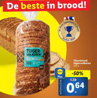 Vloerbrood Tijgervolkoren 800 gr voor €0,64 bij de Lidl