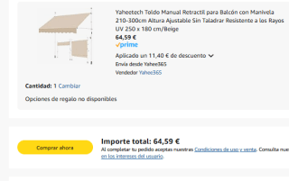 Toldo manual retractil para balcón con manivela 210-300cm, altura ajustable 250x180 cm por 75,99€