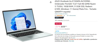ASUS Vivobook Go E1504FA-NJ1039W - Ordenador Portátil 15.6" Full HD (AMD Ryzen 5 7520U, 16GB RAM, 512GB SSD, Radeon 610M, Win 11 Home) por 449€