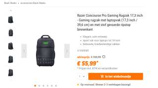 Razer Concourse Pro Gaming Rugzak 17,3 inch voor €55,99 bij Nbb