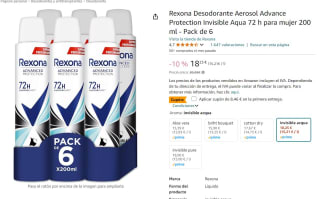 Pack de 6 Rexona Desodorante Aerosol Advance Protection Invisible Aqua 72 h para mujer 200 ml por 9,79€
