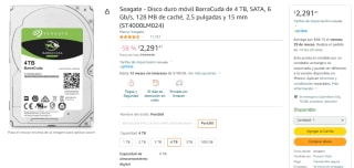 Disco Interno 2,5" Segate BarraCuda 4TB SATA por $2,291 en Amazon
