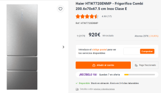 Frigorífico Combi 200.6x70x67.5 cm Inox Clase E Haier HTW7720ENMP por 920€