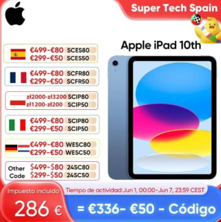 APPLE iPad (2022 10ª gen), 64 GB, WiFi, 10.9", Retina, Chip A14 Bionic por 284€