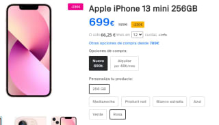 Móvil Apple iPhone 13 mini de 256GB Rosa por 699€