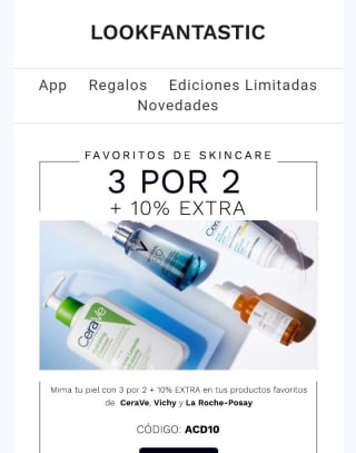 3x2 y 10% descuento extra en marca cerave, Vichy y la Roche