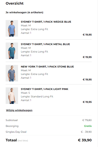 2+2 gratis op geselecteerde single pack T-shirts bij Girav