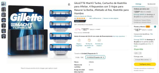 GILLETTE Mach3 Turbo Cartucho de Rastrillo 4 Repuestos por $188 en Amazon