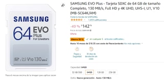 Tarjeta SD Samsung 64GB 130 MB/s 4K por $143 en amazon