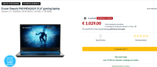 Erazer Deputy P60 MD62624 15.6" gaming laptop voor €1.029 bij Alterntae.