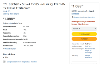 TCL QLED 85C69B 85 4K Smart TV (2024) voor €1.088,56 bij Amazon