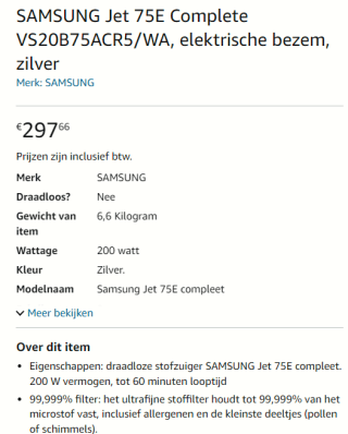 Samsung Jet 75E steelstofzuiger Complete voor €297,66 bij Amazon