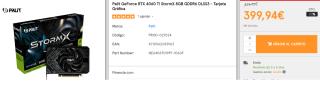 Tarjeta Gráfica Palit GeForce RTX 4060 Ti StormX 8GB GDDR6 DLSS3 por 399.94€