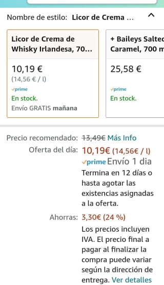 Baileys Deliciously Light, Licor de Crema de Whisky Irlandesa, 700 ml por 10,19€.