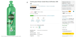 Crema para Peinar Sedal Rizos Definidos 300ml por $28 en Amazon