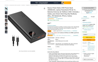 PowerBank Baseus 65W 20000mAh Laptop PD QC 4+ USB-C Entrada y Salida por 41,99€