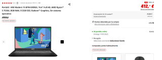 Portátil MSI Modern 15 B7M-039XES, 15.6" Full HD, AMD Ryzen 5 7530U, 8GB RAM, 512GB SSD, Radeon Graphics por 412€