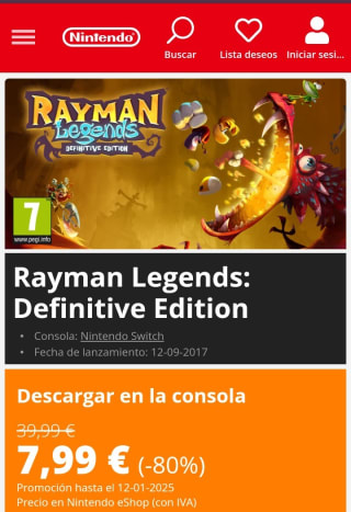 Rayman Legends: Definitive Edition Nintendo Switch por 7,99€.