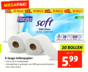 Floralys 20 rollen Toiletpapier XXL 3-laags 220 vellen voor €5,99 bij de Lidl