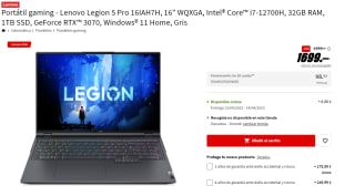 Ordenador Portátil gaming - Lenovo Legion 5 Pro 16IAH7H, 16" WQXGA, Intel® Core™ i7-12700H, 32GB RAM, 1TB SSD, GeForce RTX™ 3070, Windows® 11 Home por 1699€