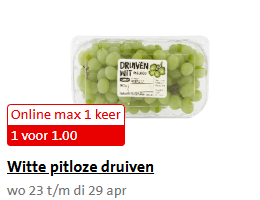 500 gr. Witte pitloze druiven voor €1 bij de Jumbo