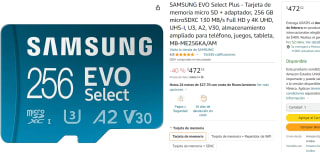 Samsung EVO Select Plus - Tarjeta de memoria micro SD + adaptador 256GB por $472