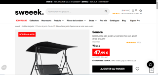 Balancelle de jardin 2 personnes en acier avec auvent à 47,99 €