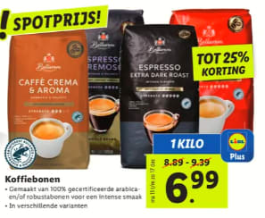 1 KG Bellarom koffiebonen voor €6,99 bij de Lidl