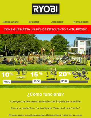 Descuento de 20%, 15% o 10% según importe de compra en Ryobi