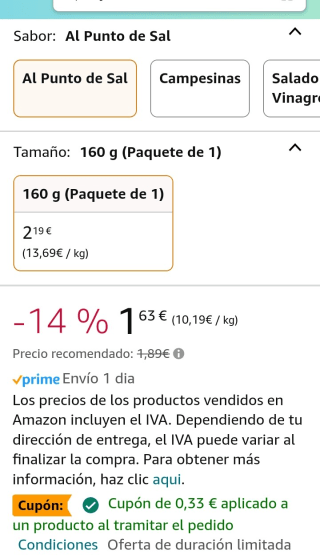 Pack de 5 Lays al punto de sal 160g por 6,50€.